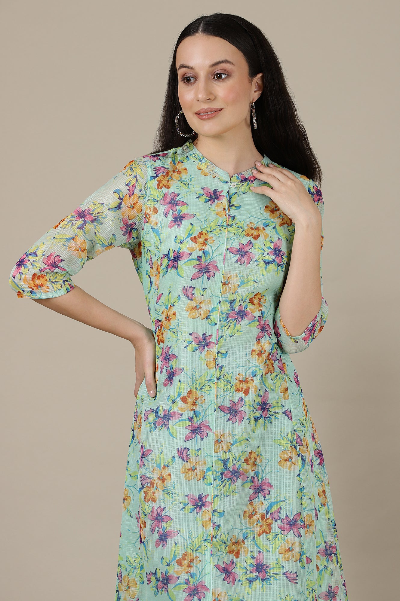 Green Floral Printed A-line Kota Kurta