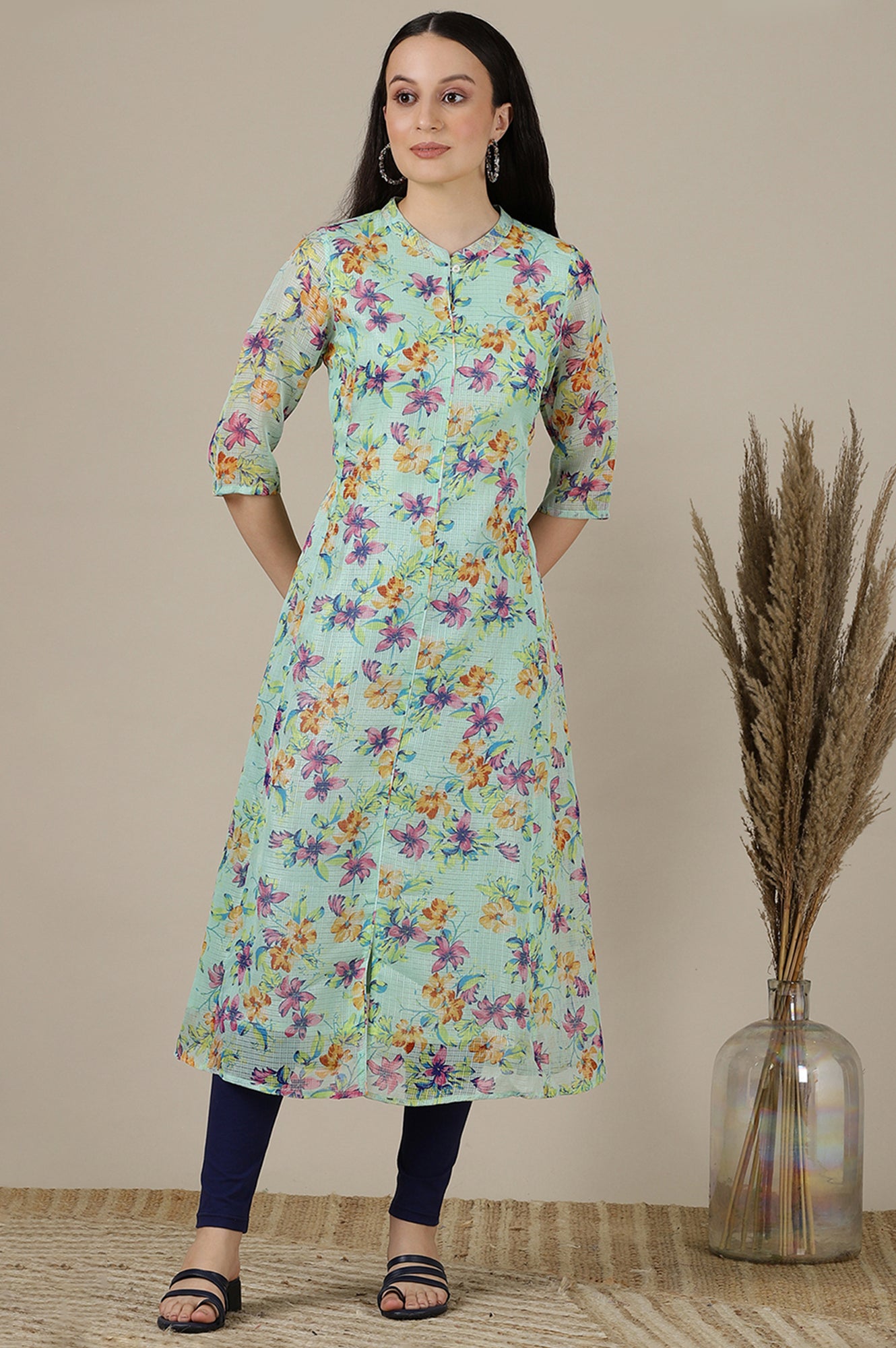 Green Floral Printed A-line Kota Kurta