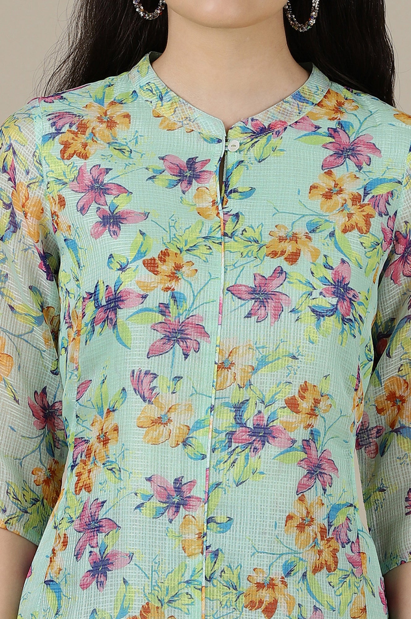 Green Floral Printed A-line Kota Kurta