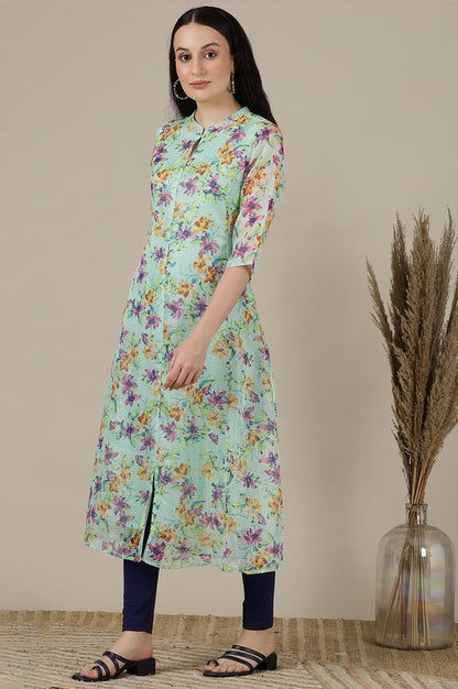 Green Floral Printed A-line Kota Kurta