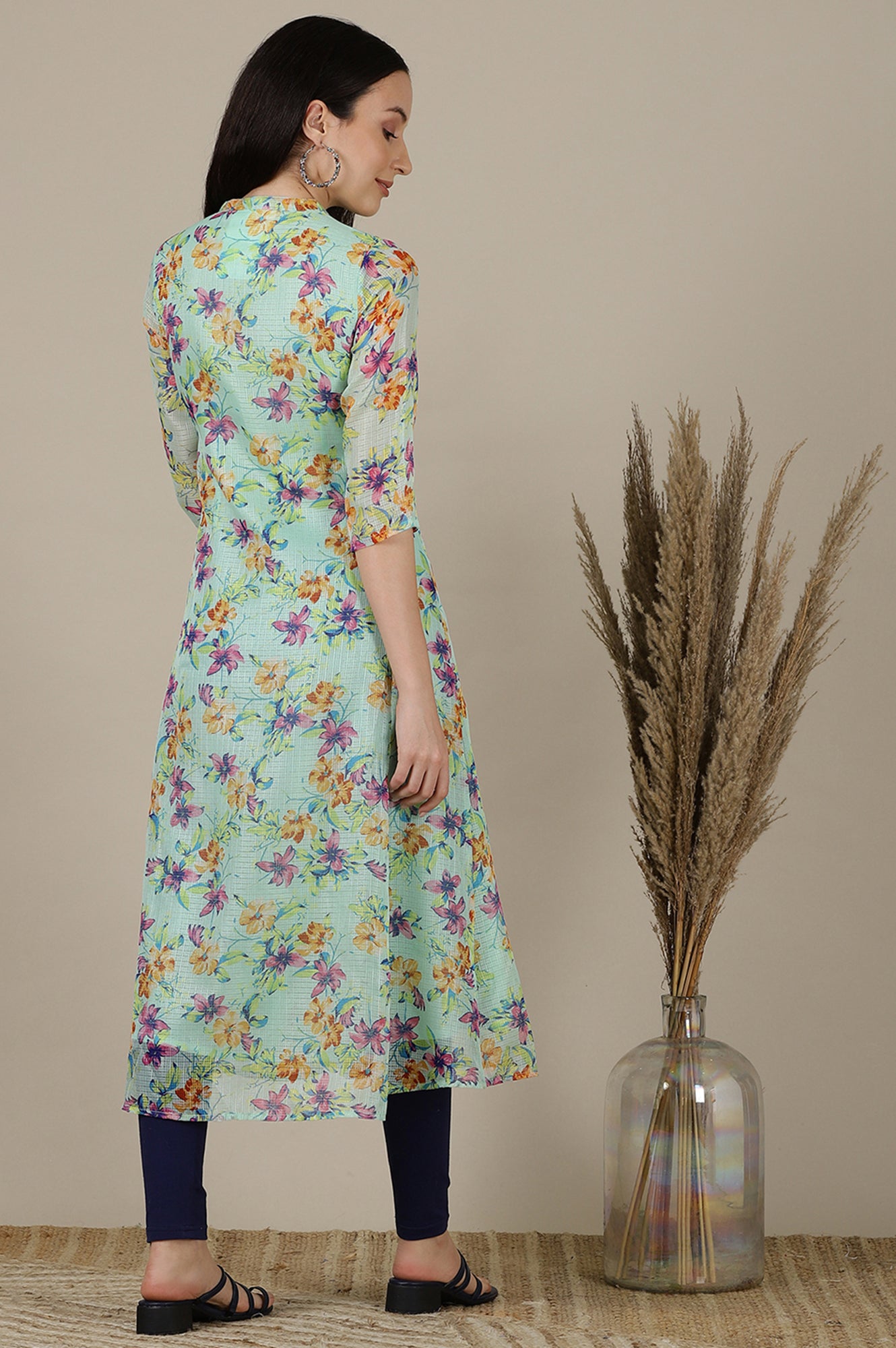 Green Floral Printed A-line Kota Kurta