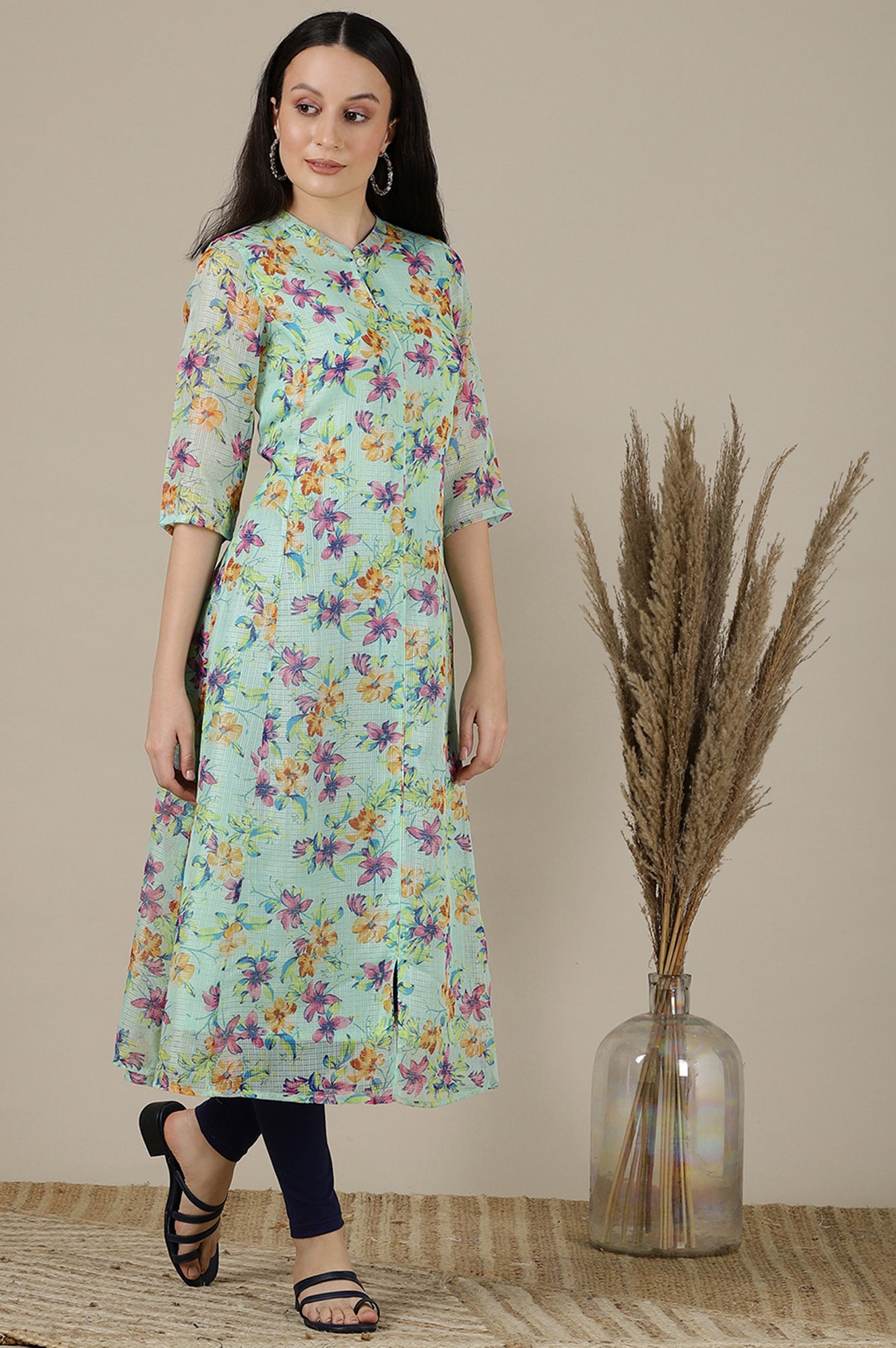 Green Floral Printed A-line Kota Kurta