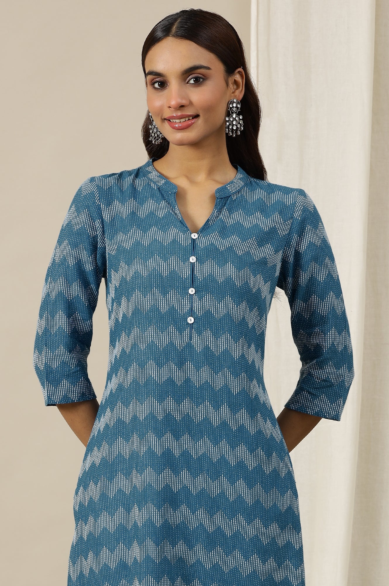 Blue Geometric Printed Mandarin Collar Cotton Blend Straight Dobby Kurta