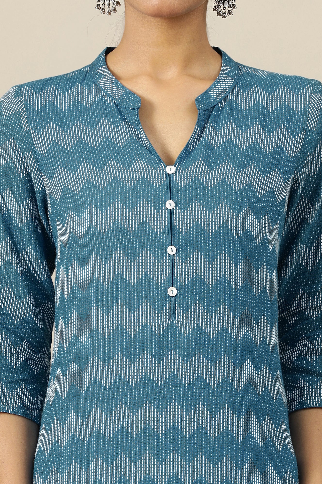 Blue Geometric Printed Mandarin Collar Cotton Blend Straight Dobby Kurta