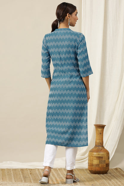 Blue Geometric Printed Mandarin Collar Cotton Blend Straight Dobby Kurta