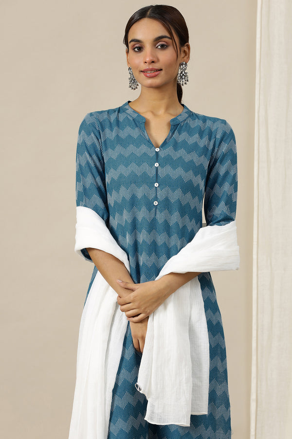 Blue Geometric Printed Mandarin Collar Cotton Blend Straight Dobby Kurta