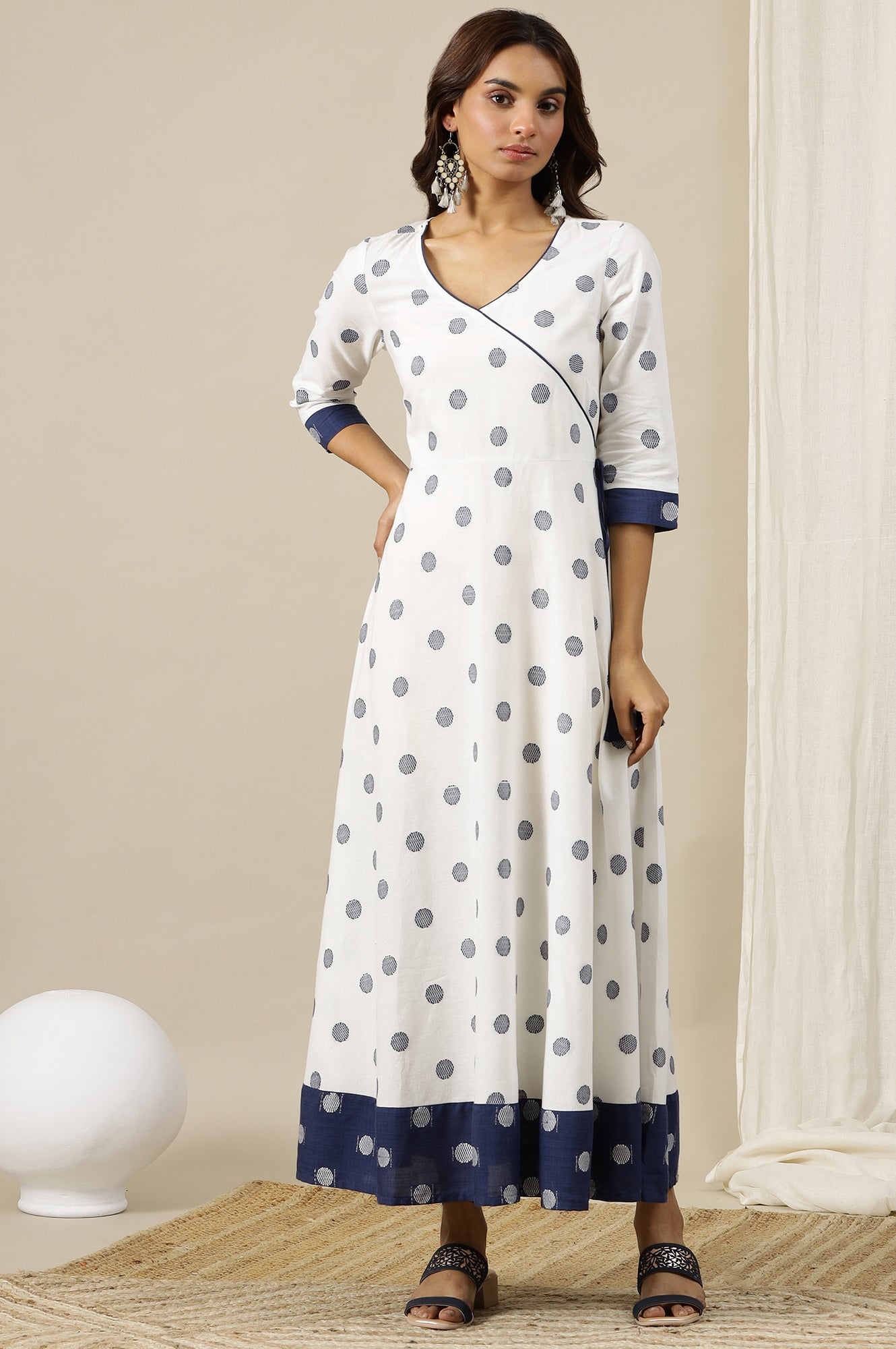 White Yarn Dyed Pure Cotton Mock Angrakha Flared Dress