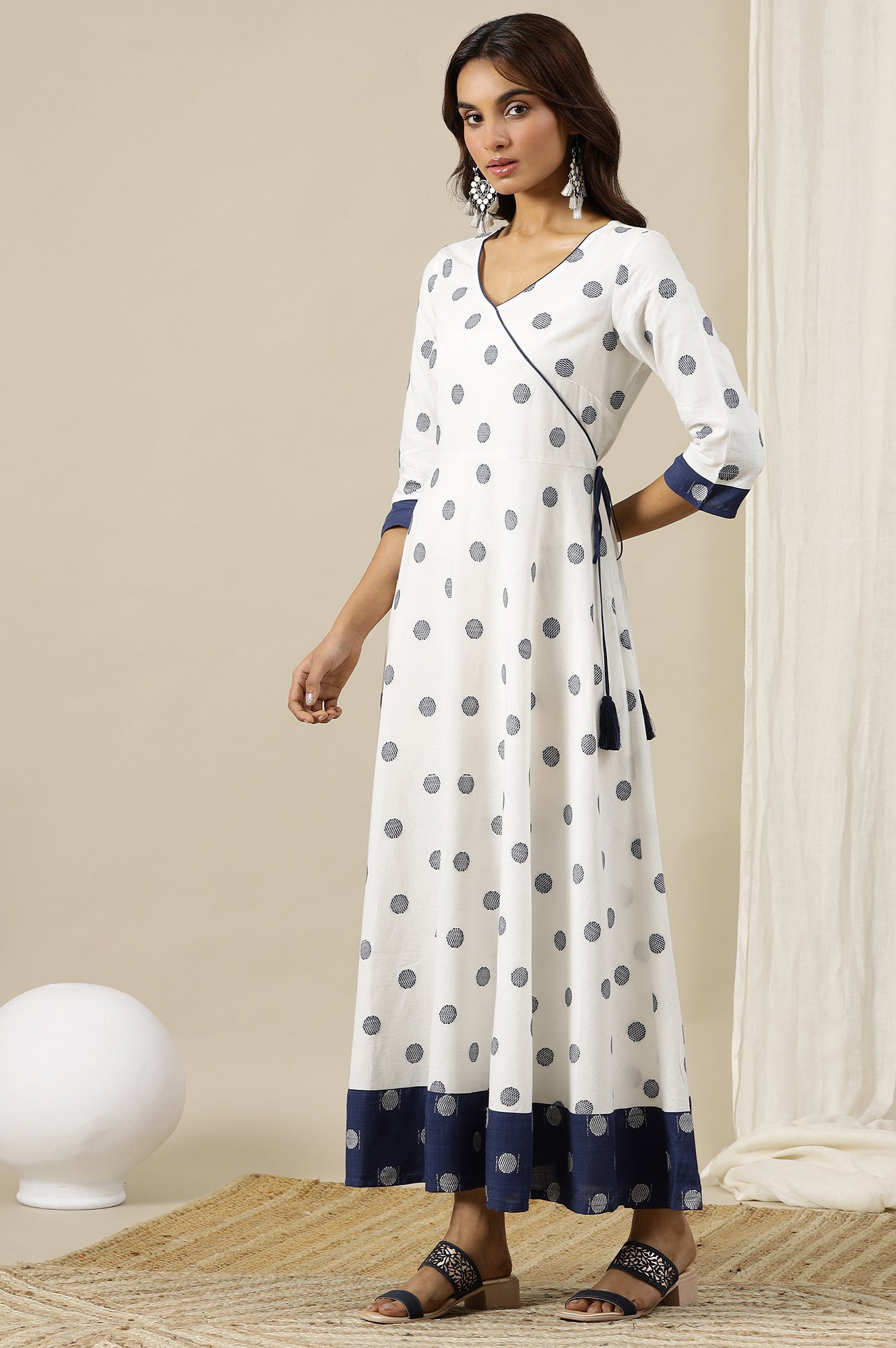 White Yarn Dyed Pure Cotton Mock Angrakha Flared Dress