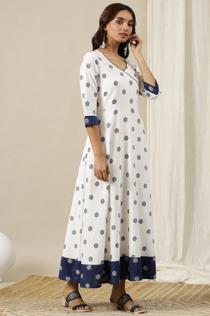 White Yarn Dyed Pure Cotton Mock Angrakha Flared Dress