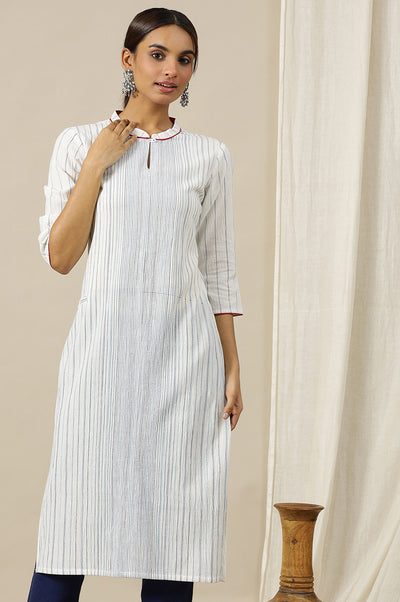 White Geometric Printed Pure Cotton Soft & Breathable Kurta in Mandarin Collar