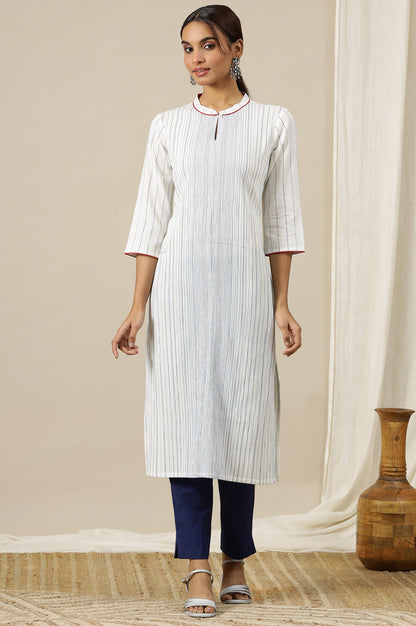 White Geometric Printed Pure Cotton Soft &amp; Breathable Kurta in Mandarin Collar