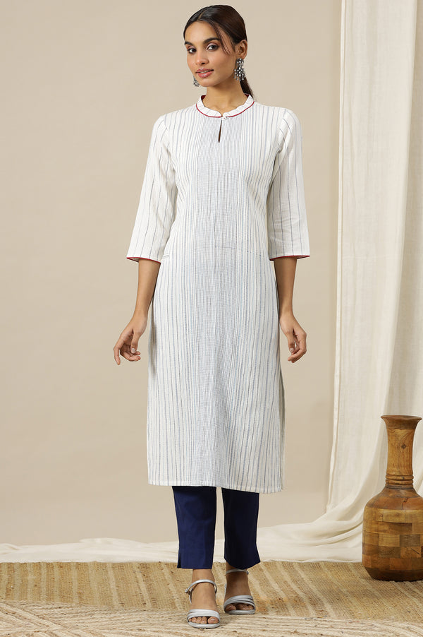 White Geometric Printed Pure Cotton Soft & Breathable Kurta in Mandarin Collar