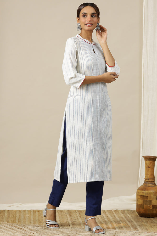 White Geometric Printed Pure Cotton Soft & Breathable Kurta in Mandarin Collar