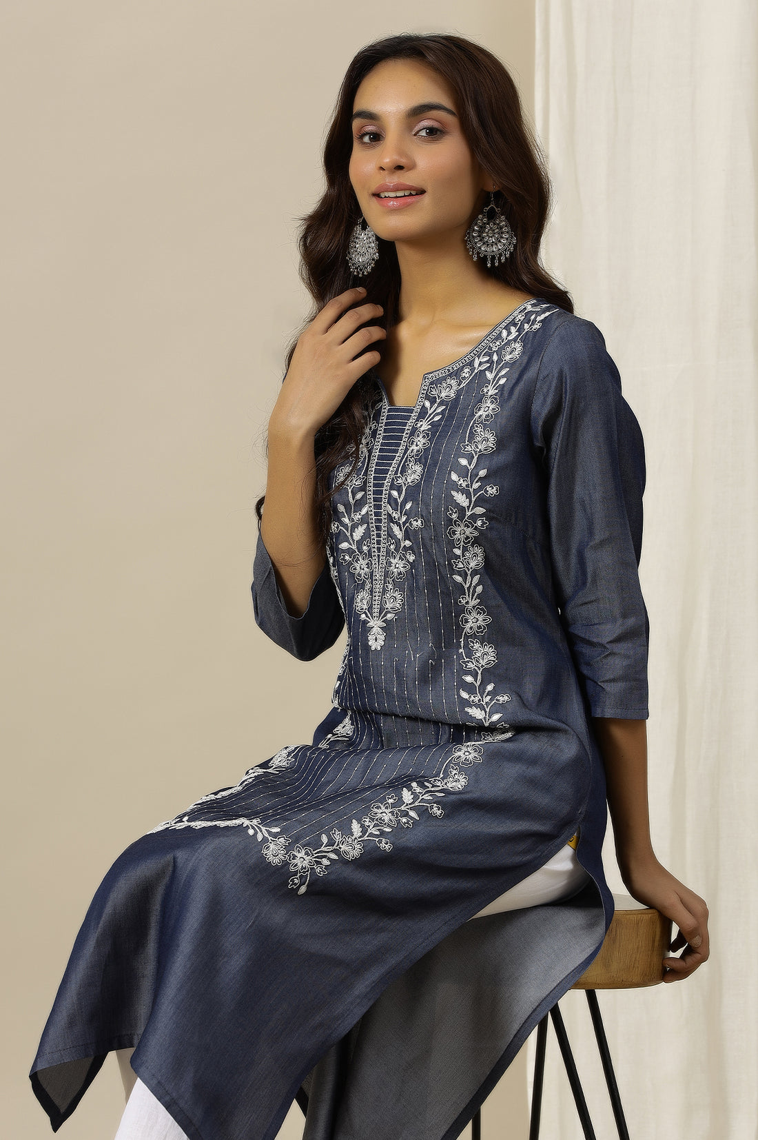 Denim Blue Pure Cotton Straight Kurta with Long Panel Dori Embroidery XS