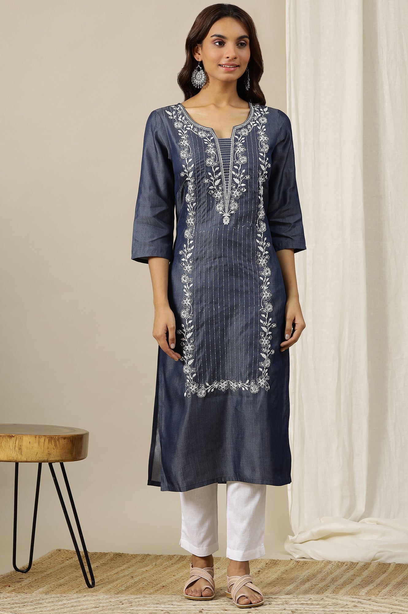 Denim Blue Pure Cotton Straight Kurta with Long Panel Dori Embroidery