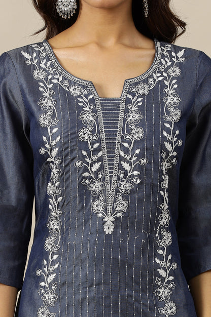 Denim Blue Pure Cotton Straight Kurta with Long Panel Dori Embroidery