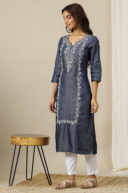 Denim Blue Pure Cotton Straight Kurta with Long Panel Dori Embroidery