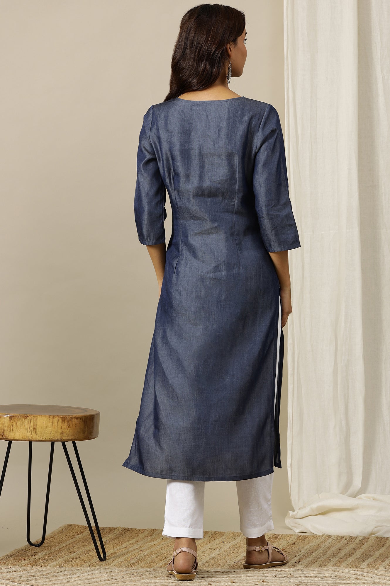 Denim Blue Pure Cotton Straight Kurta with Long Panel Dori Embroidery