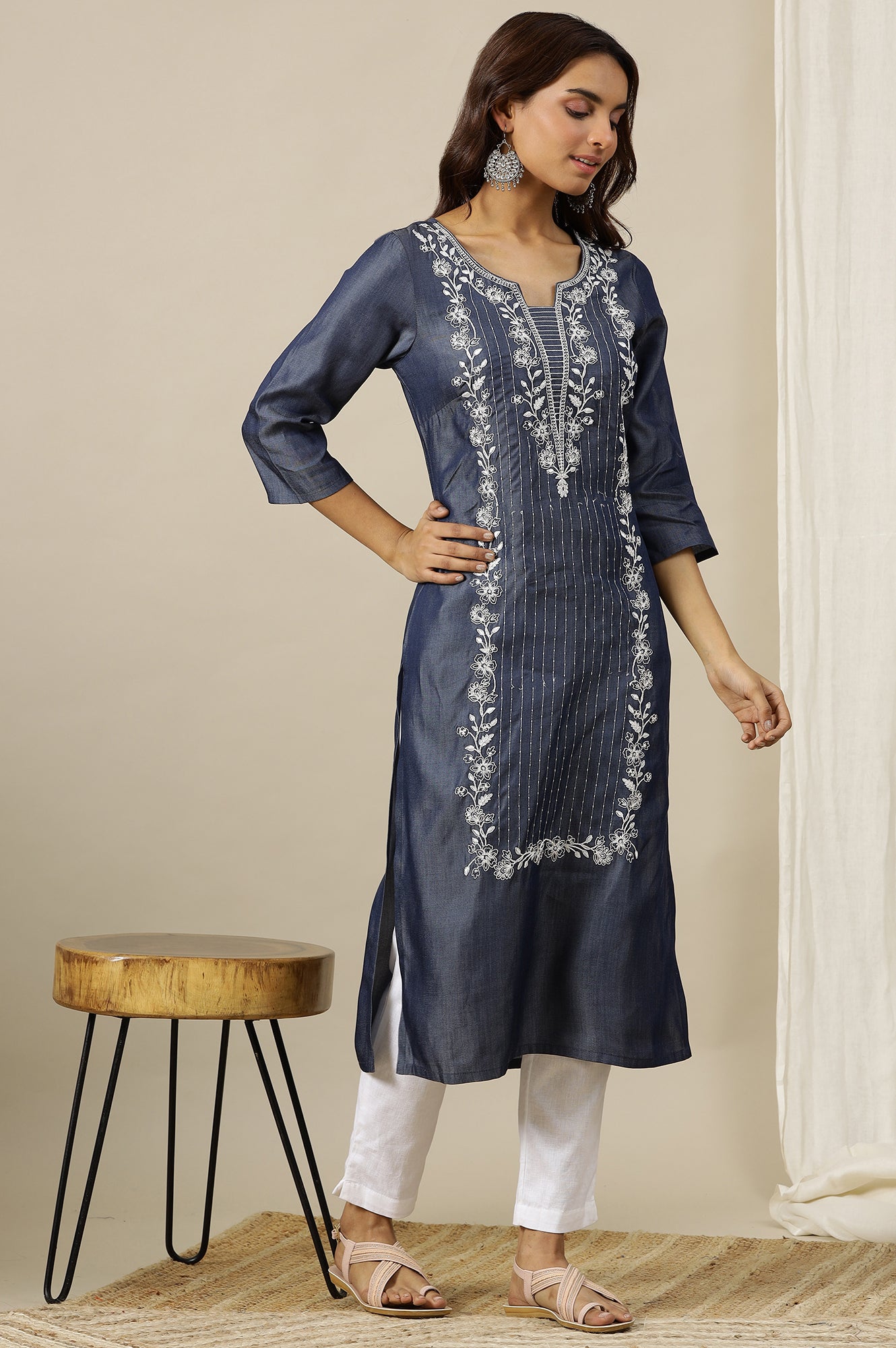 Denim Blue Pure Cotton Straight Kurta with Long Panel Dori Embroidery