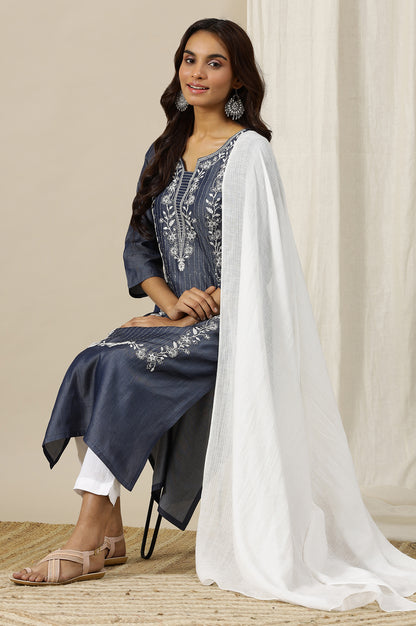 Denim Blue Pure Cotton Straight Kurta with Long Panel Dori Embroidery