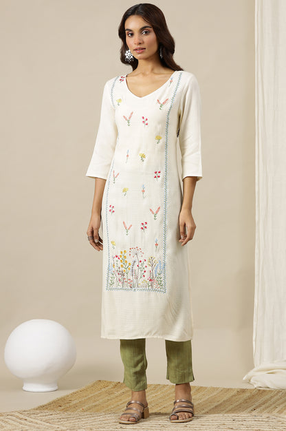 Off-White Solid Multi-coloured Floral Embroidered Straight Kurta in V-neck