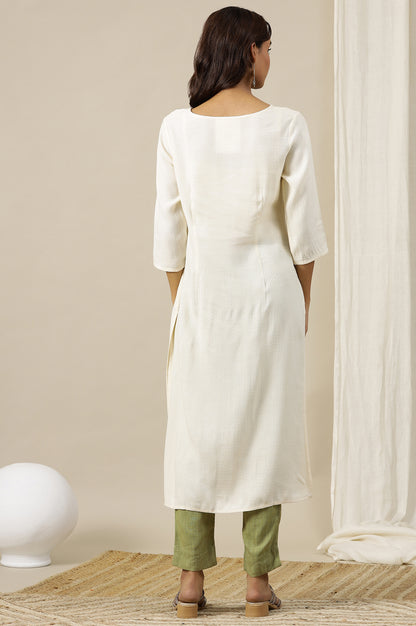 Off-White Solid Multi-coloured Floral Embroidered Straight Kurta in V-neck