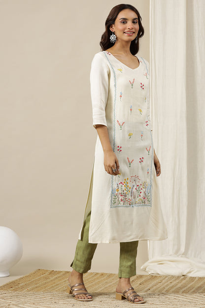 Off-White Solid Multi-coloured Floral Embroidered Straight Kurta in V-neck