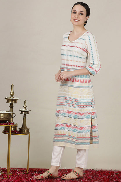 Off White Yarn Dyed V Neck Straight Kurta with Abstract Print