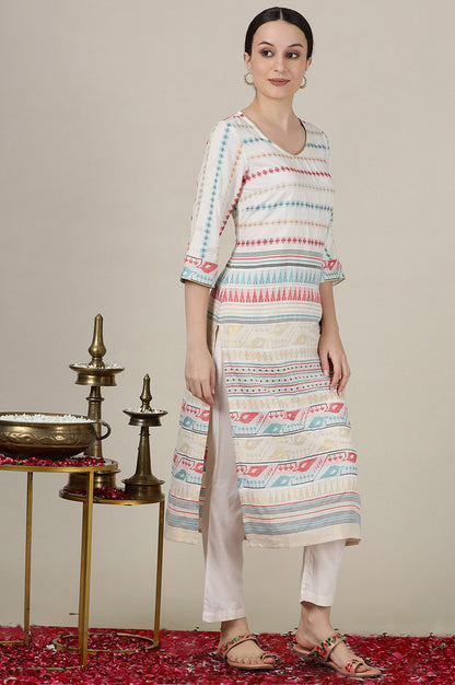 Off White Yarn Dyed V Neck Straight Kurta with Abstract Print