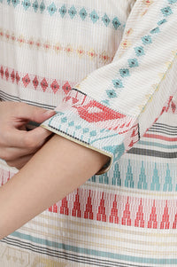 Off White Yarn Dyed V Neck Straight Kurta with Abstract Print