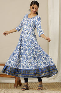 White Floral Printed Flared Kalidar Kurta  In Sweetheart Neck