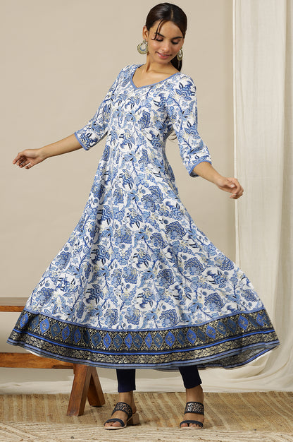 White Floral Printed Flared Kalidar Kurta  In Sweetheart Neck