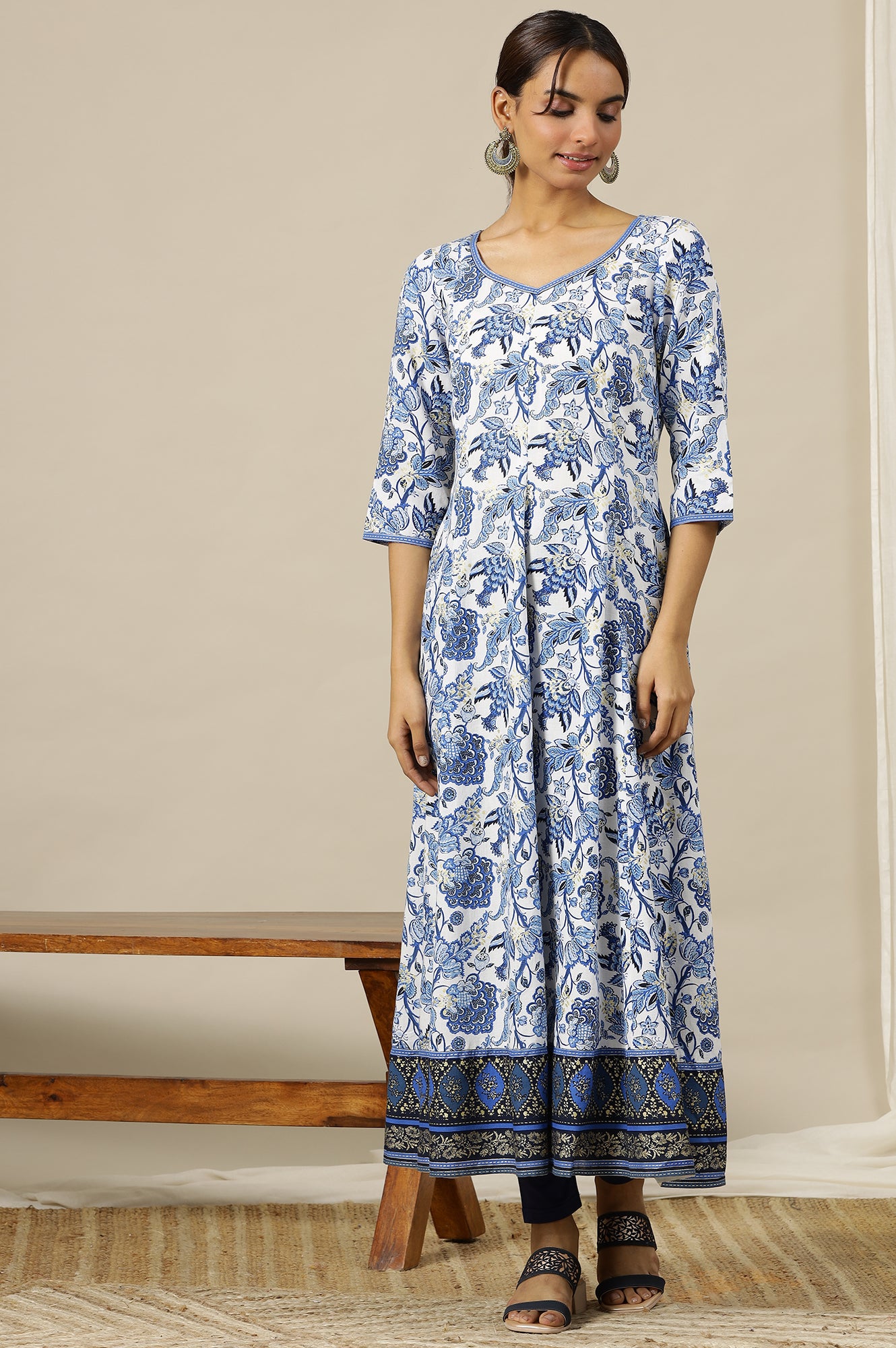 White Floral Printed Flared Kalidar Kurta  In Sweetheart Neck