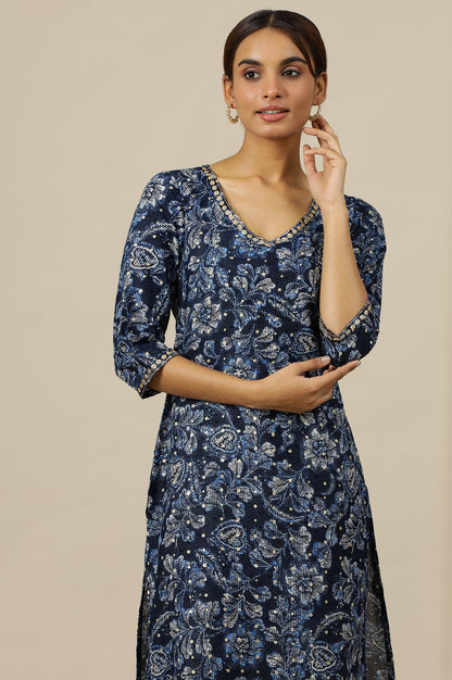 Blue Floral Printed Straight Kurta with Zari Embroidery