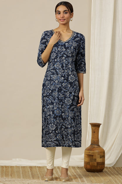 Blue Floral Printed Straight Kurta with Zari Embroidery