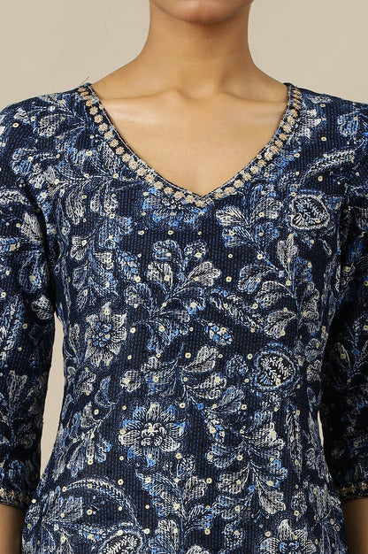 Blue Floral Printed Straight Kurta with Zari Embroidery