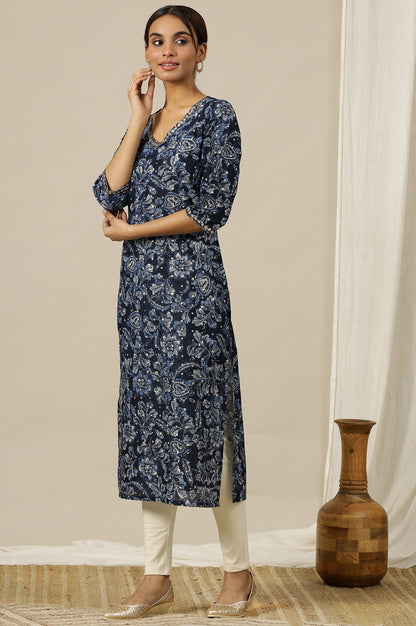 Blue Floral Printed Straight Kurta with Zari Embroidery