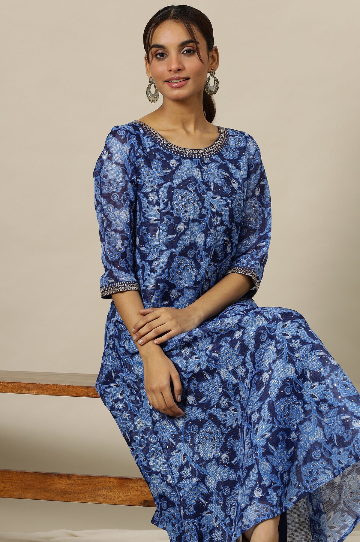 Ensign Blue Flared Kalidar Kota Kurta with Embroidered Neckline - XS