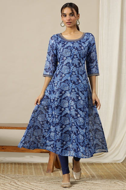 Ensign Blue Flared Kalidar Kota Kurta with Embroidered Neckline