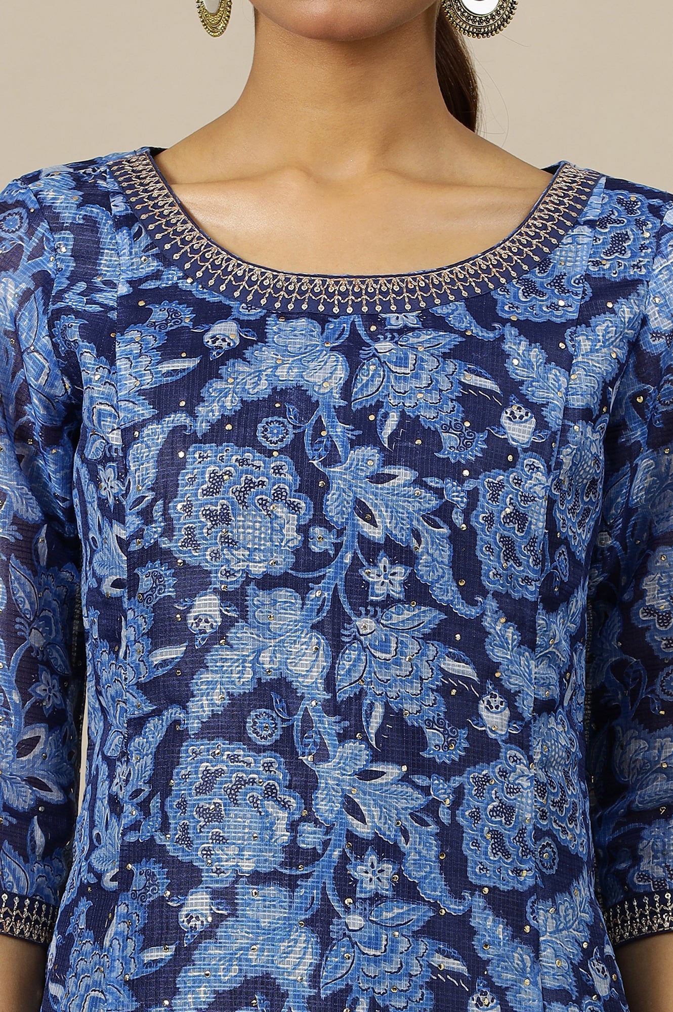 Ensign Blue Flared Kalidar Kota Kurta with Embroidered Neckline