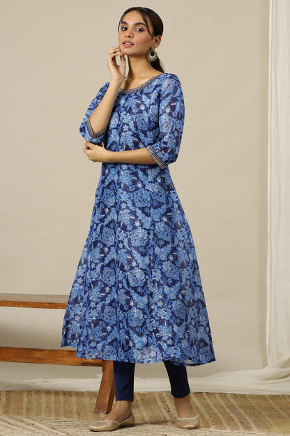 Ensign Blue Flared Kalidar Kota Kurta with Embroidered Neckline