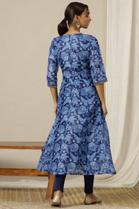 Ensign Blue Flared Kalidar Kota Kurta with Embroidered Neckline
