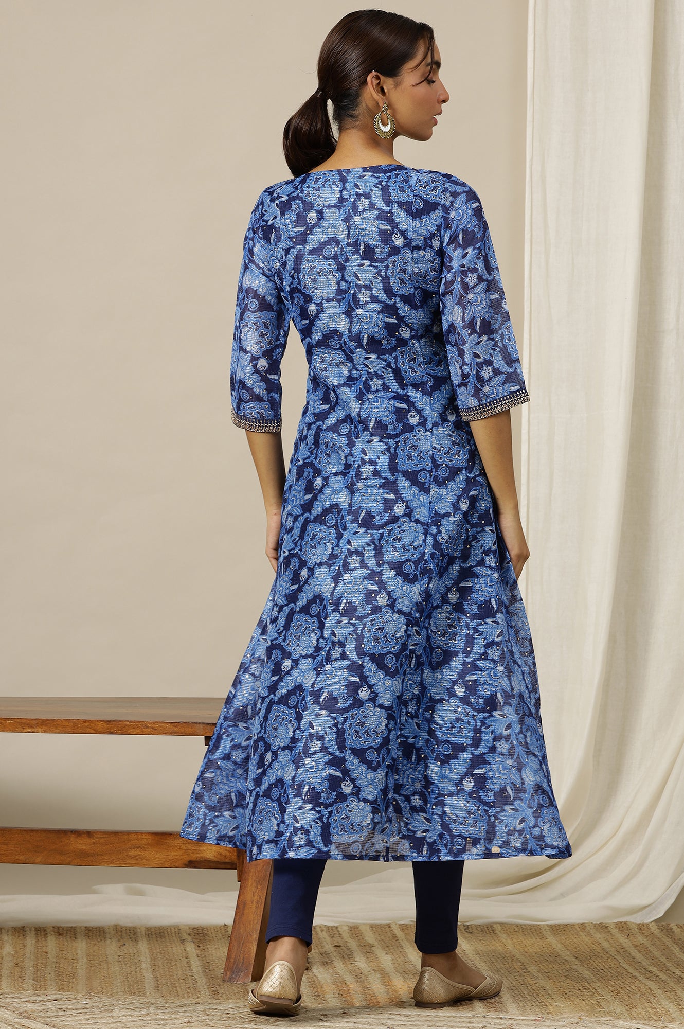 Ensign Blue Flared Kalidar Kota Kurta with Embroidered Neckline