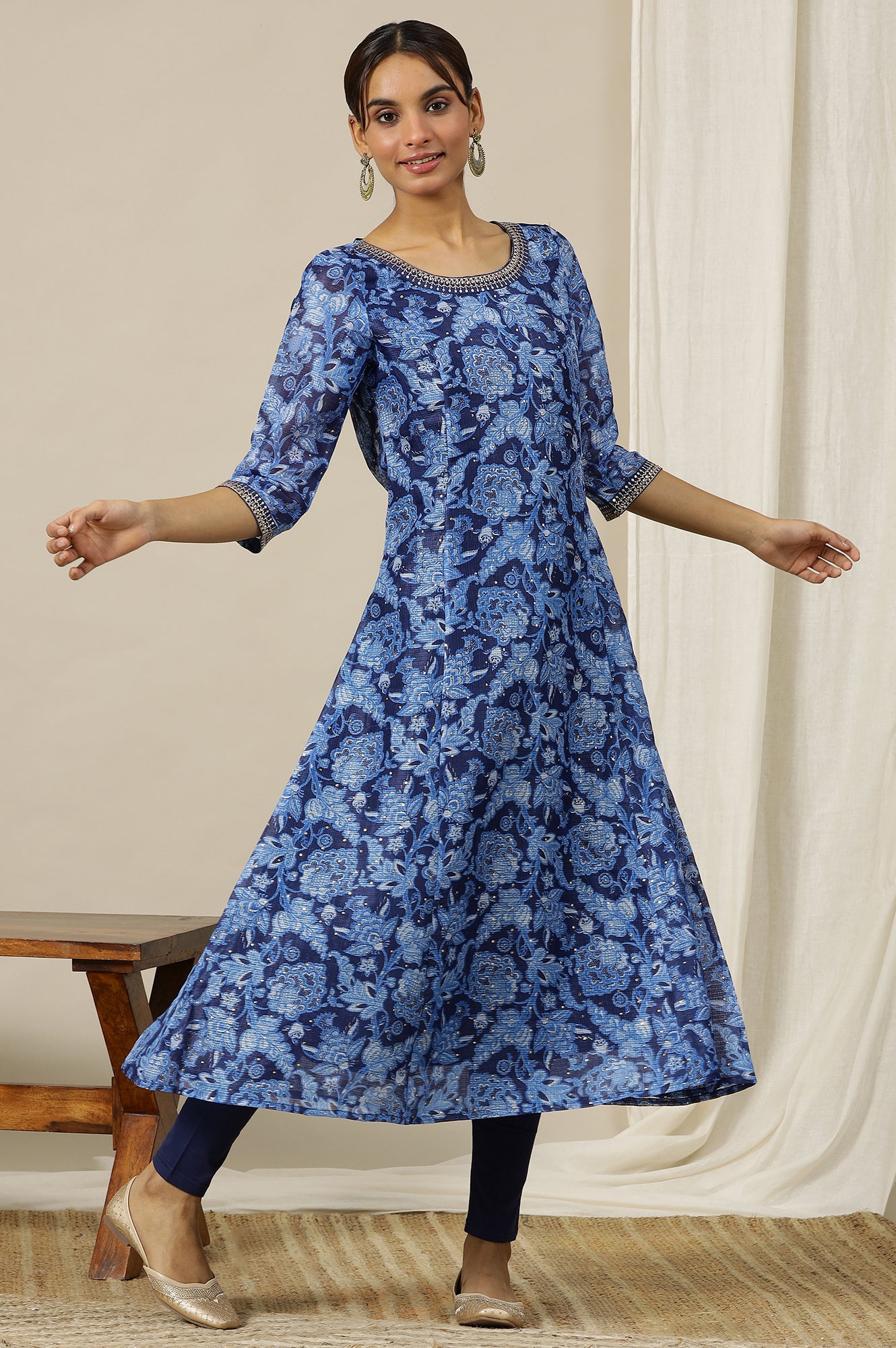 Ensign Blue Flared Kalidar Kota Kurta with Embroidered Neckline