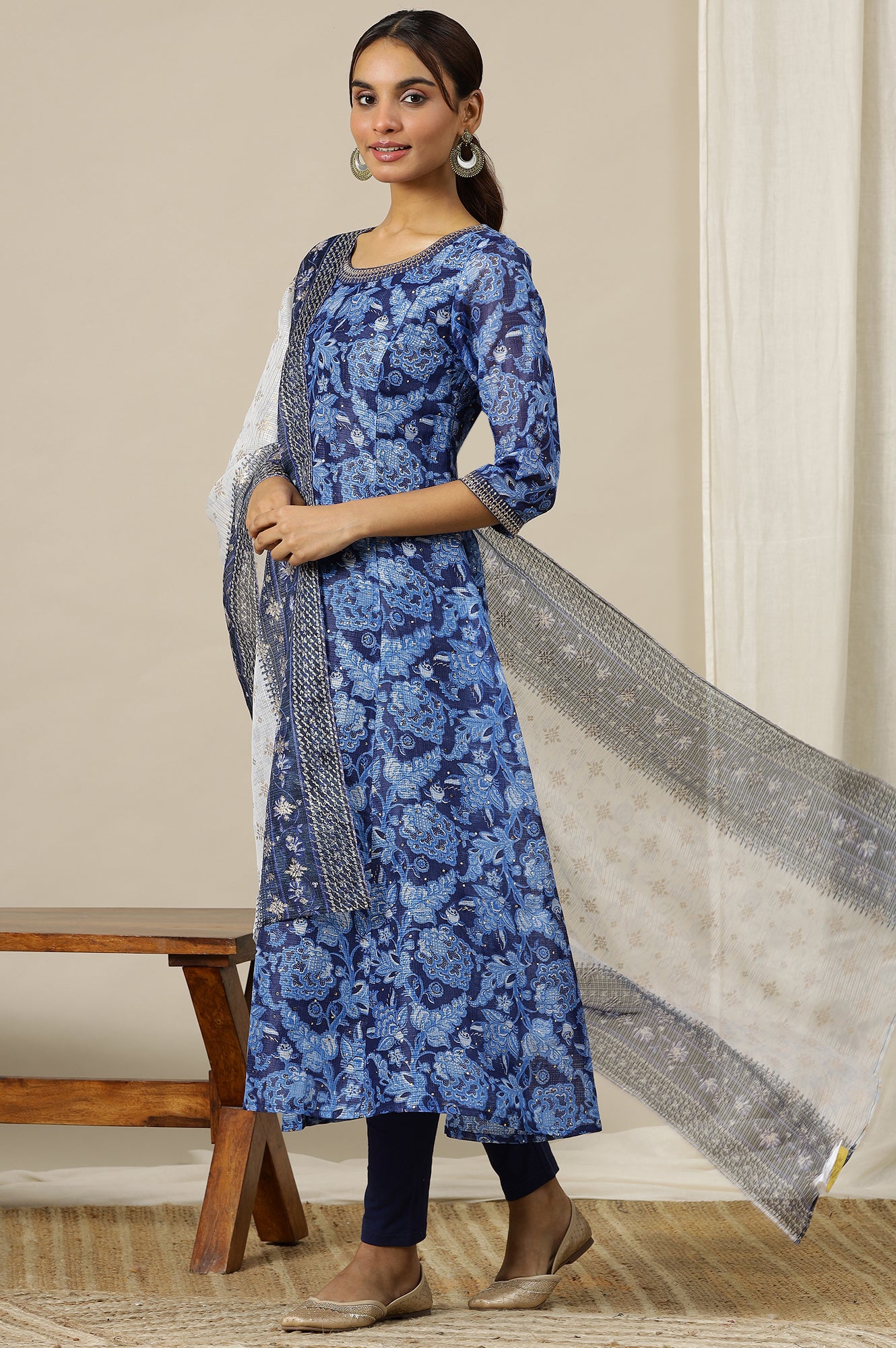 Ensign Blue Flared Kalidar Kota Kurta with Embroidered Neckline