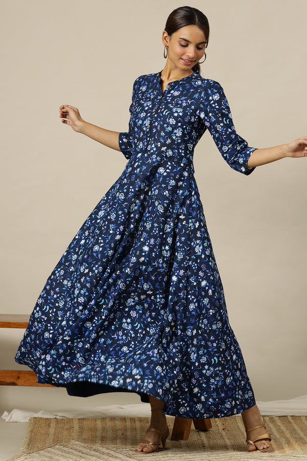 Ensign Blue Floral Printed Flared Pure Cotton Dress in Mandarin Collar