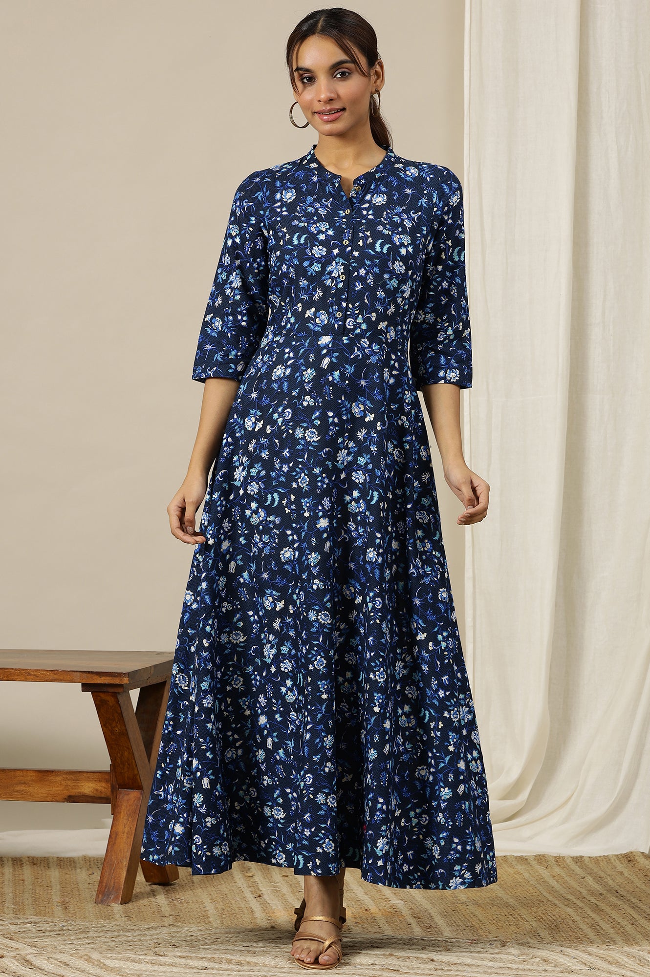 Ensign Blue Floral Printed Flared Pure Cotton Dress in Mandarin Collar