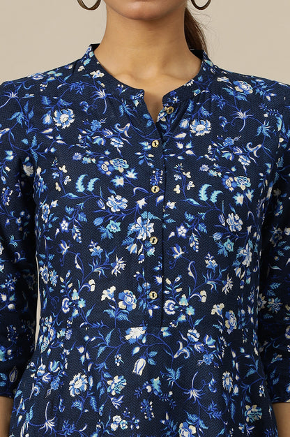 Ensign Blue Floral Printed Flared Pure Cotton Dress in Mandarin Collar