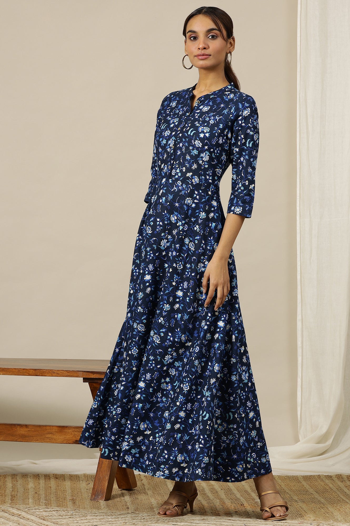 Ensign Blue Floral Printed Flared Pure Cotton Dress in Mandarin Collar