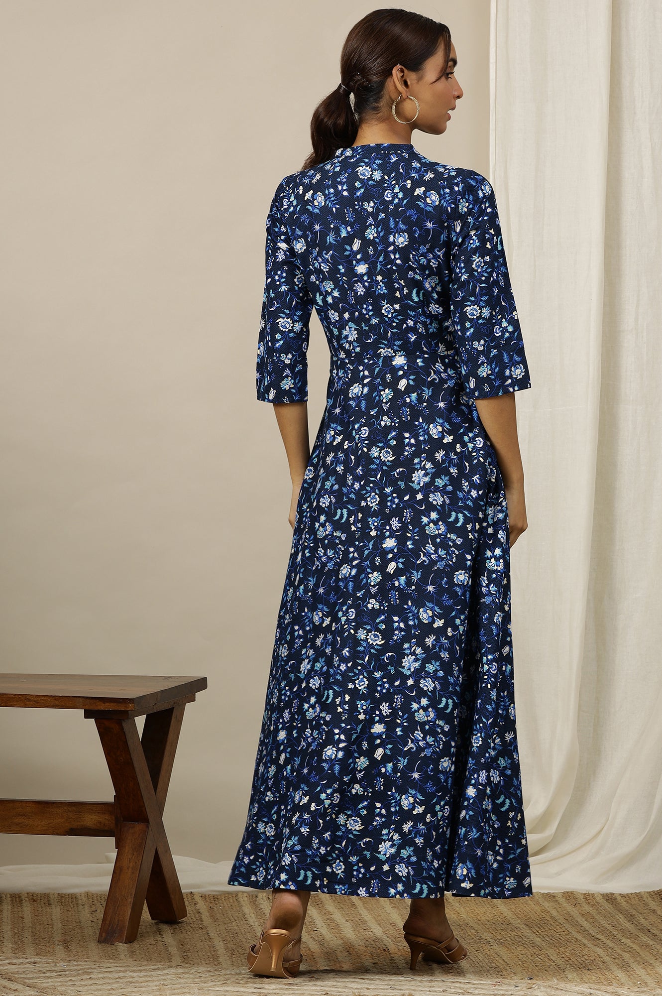 Ensign Blue Floral Printed Flared Pure Cotton Dress in Mandarin Collar